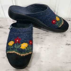 Fly Flot Blue Wool Floral Embroidered Italian Comfort Slip On Mule Shoes…